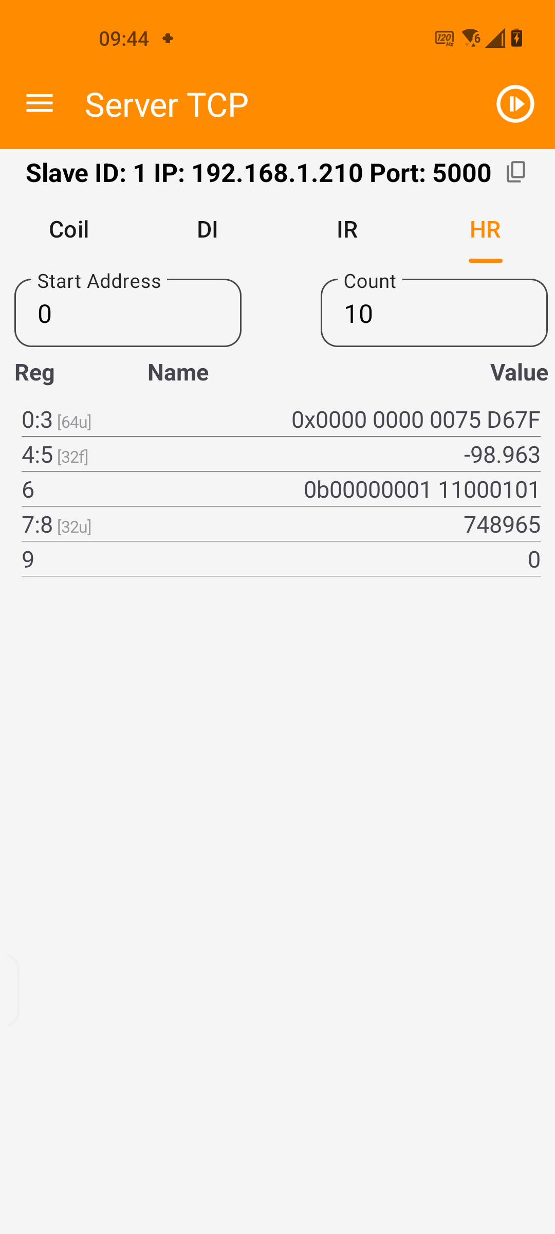 Modbus Server TCP Settings